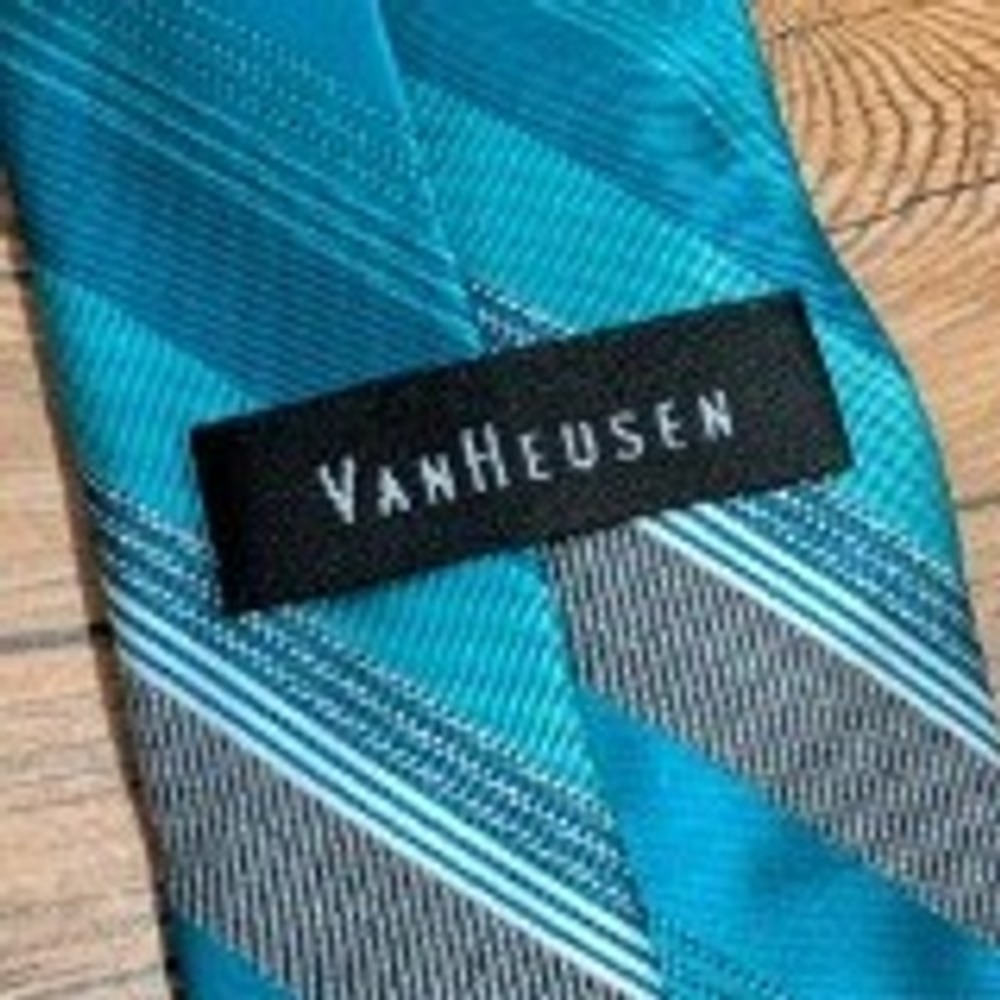Van Heusen Mens Teal Turquoise Grey Diagonal Striped Necktie Tie